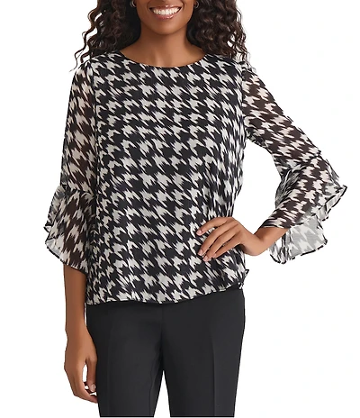 Kasper Houndstooth Ruffle Long Sleeve Blouse