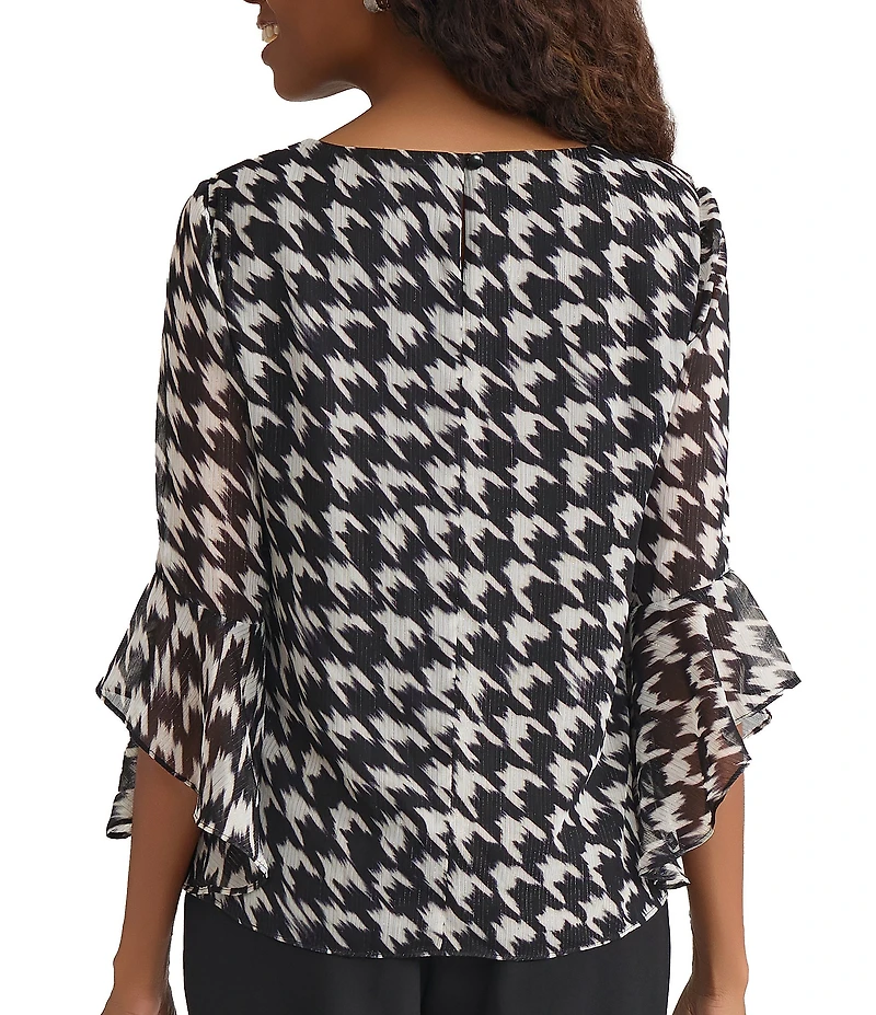 Kasper Houndstooth Ruffle Long Sleeve Blouse