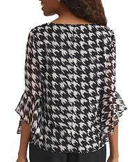 Kasper Houndstooth Ruffle Long Sleeve Blouse