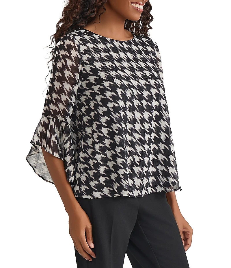 Kasper Houndstooth Ruffle Long Sleeve Blouse