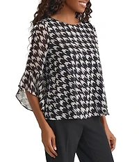 Kasper Houndstooth Ruffle Long Sleeve Blouse