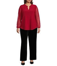 Kasper ITY Knit Split V-Neck Long Sleeve Curved Hem Top