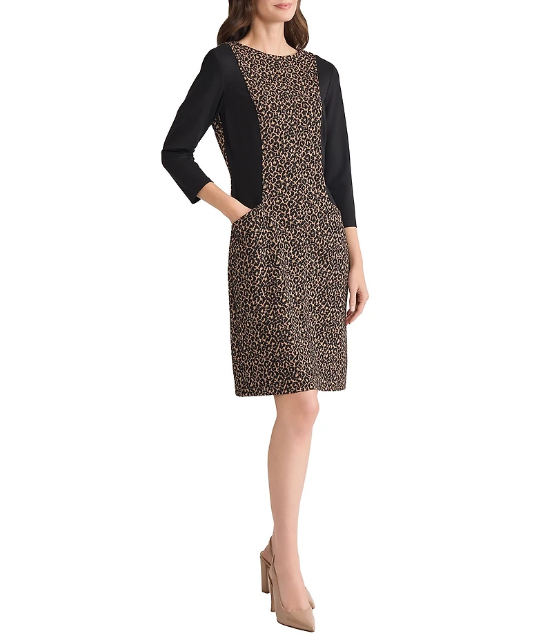 Kasper Jacquard Knit Animal Print 3/4 Sleeve Boat Neck Sheath Dress