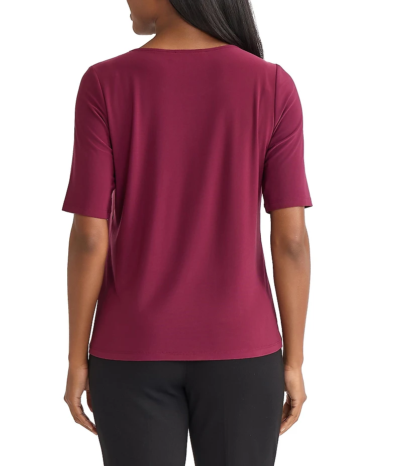 Kasper Jersey Knit Elbow Sleeve Box Pleat Crew Neck Top