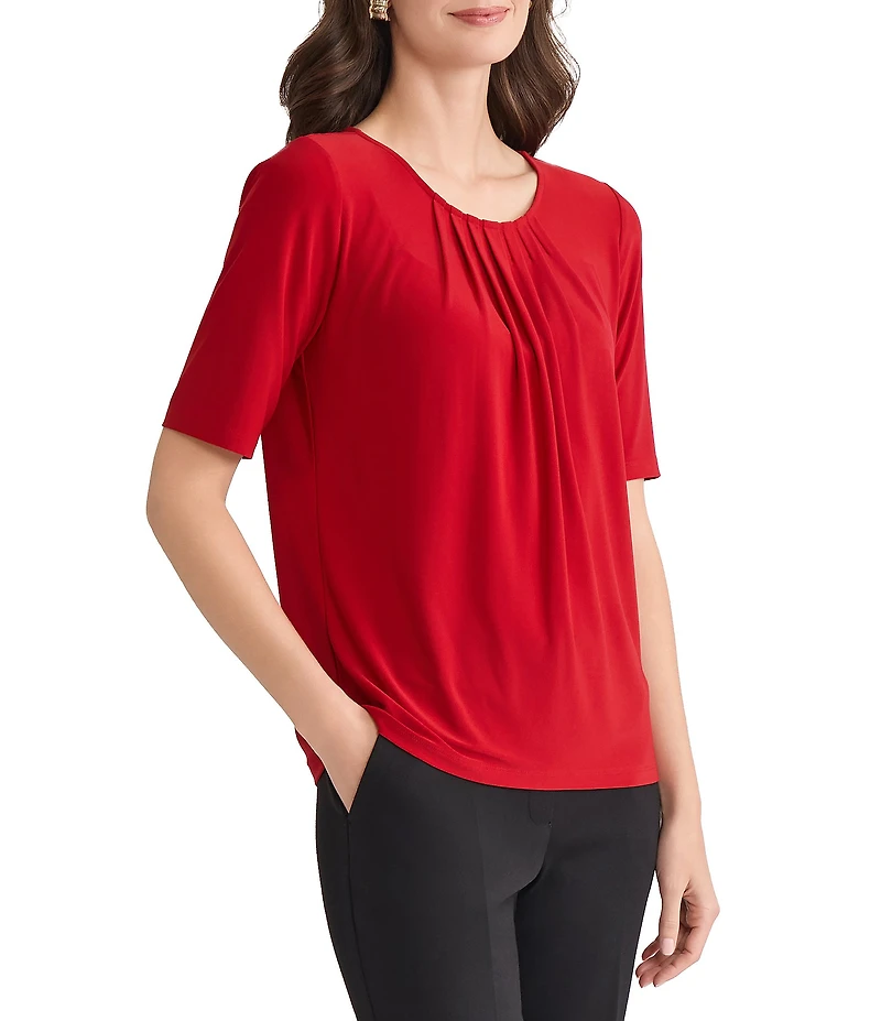 Kasper Jersey Knit Elbow Sleeve Box Pleat Crew Neck Top