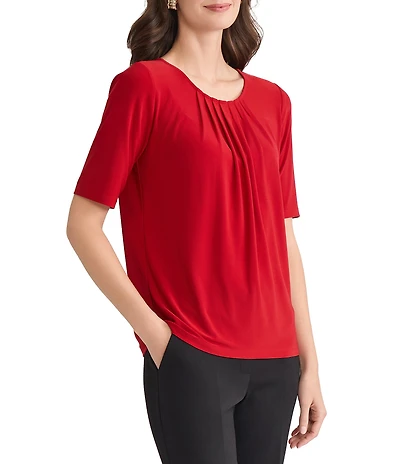 Kasper Jersey Knit Elbow Sleeve Box Pleat Crew Neck Top