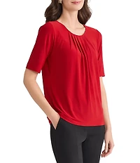 Kasper Jersey Knit Elbow Sleeve Box Pleat Crew Neck Top