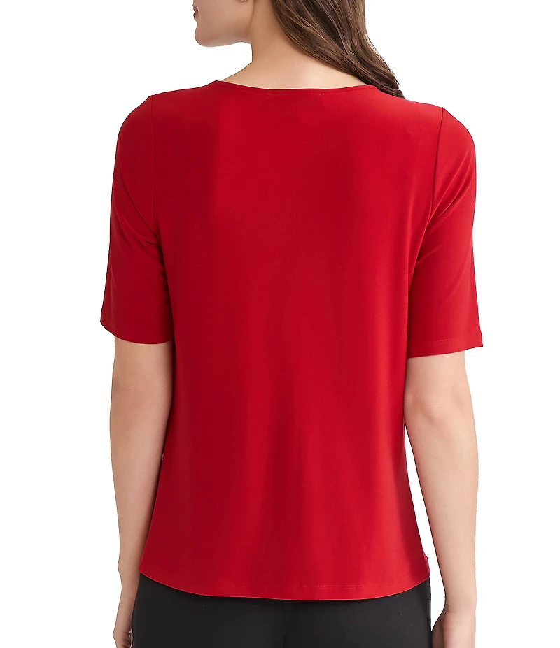 Kasper Jersey Knit Elbow Sleeve Box Pleat Crew Neck Top