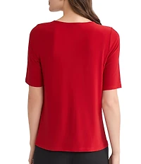Kasper Jersey Knit Elbow Sleeve Box Pleat Crew Neck Top