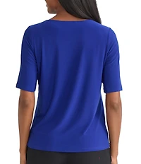 Kasper Jersey Knit Elbow Sleeve Box Pleat Crew Neck Top