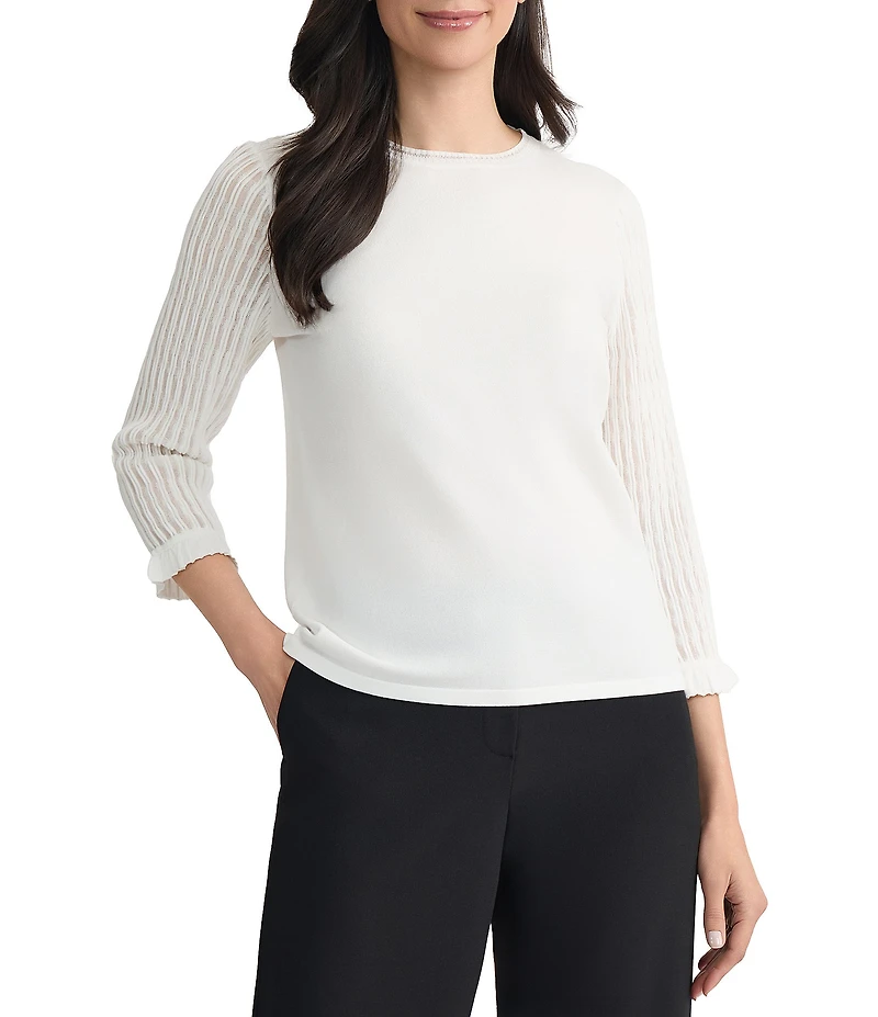 Kasper Jewel Neck 3/4 Ruffle Sleeve Knit Top