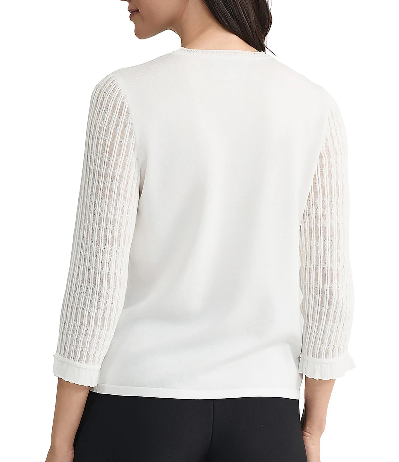Kasper Jewel Neck 3/4 Ruffle Sleeve Knit Top
