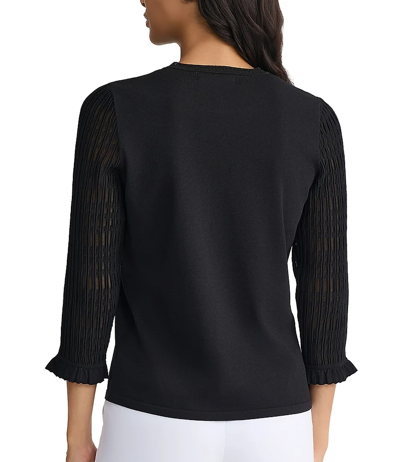 Kasper Jewel Neck 3/4 Ruffle Sleeve Knit Top