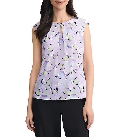 Kasper Keyhole Neck Cap Sleeve Printed Jersey Top