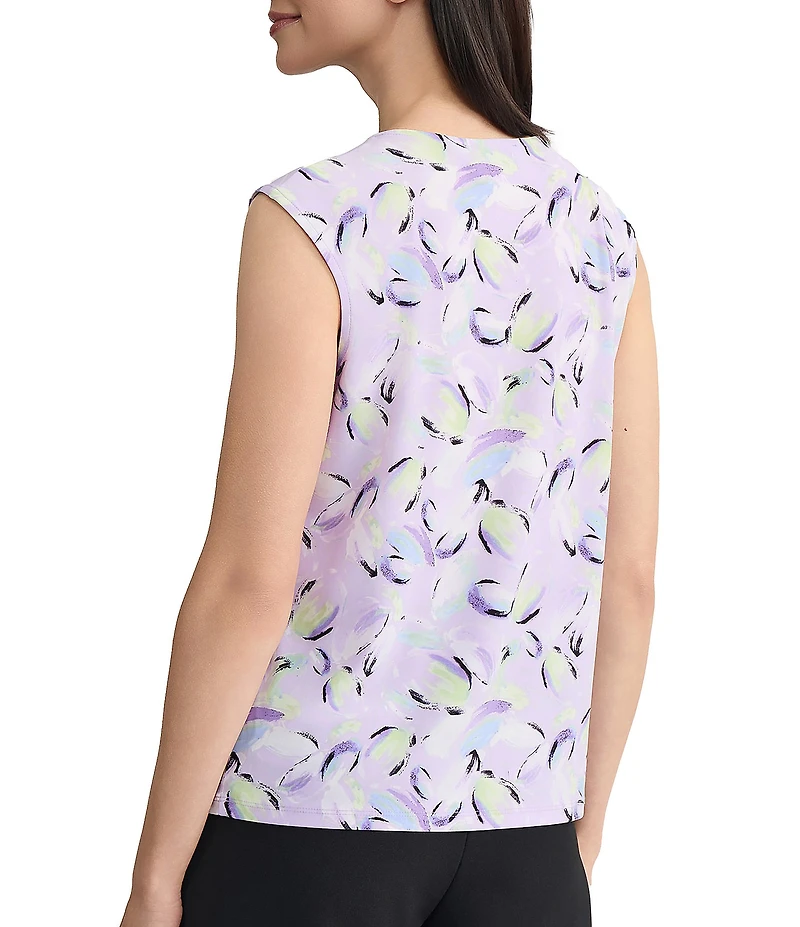 Kasper Keyhole Neck Cap Sleeve Printed Jersey Top