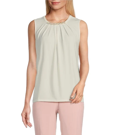 Kasper Knit Jewel Pleat Round Neck Sleeveless Top