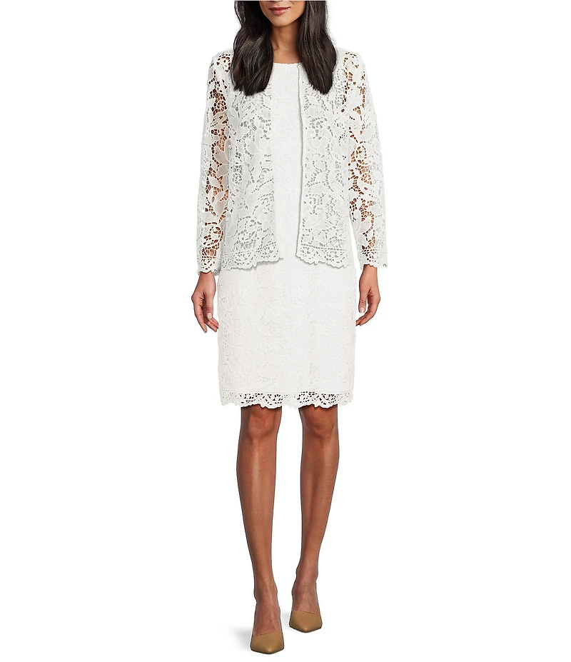 Kasper Lace Open front Collarless 3/4 Sleeve Cardigan