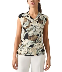Kasper Leaf Print Ity Cowl Neck Cap Sleeve Top