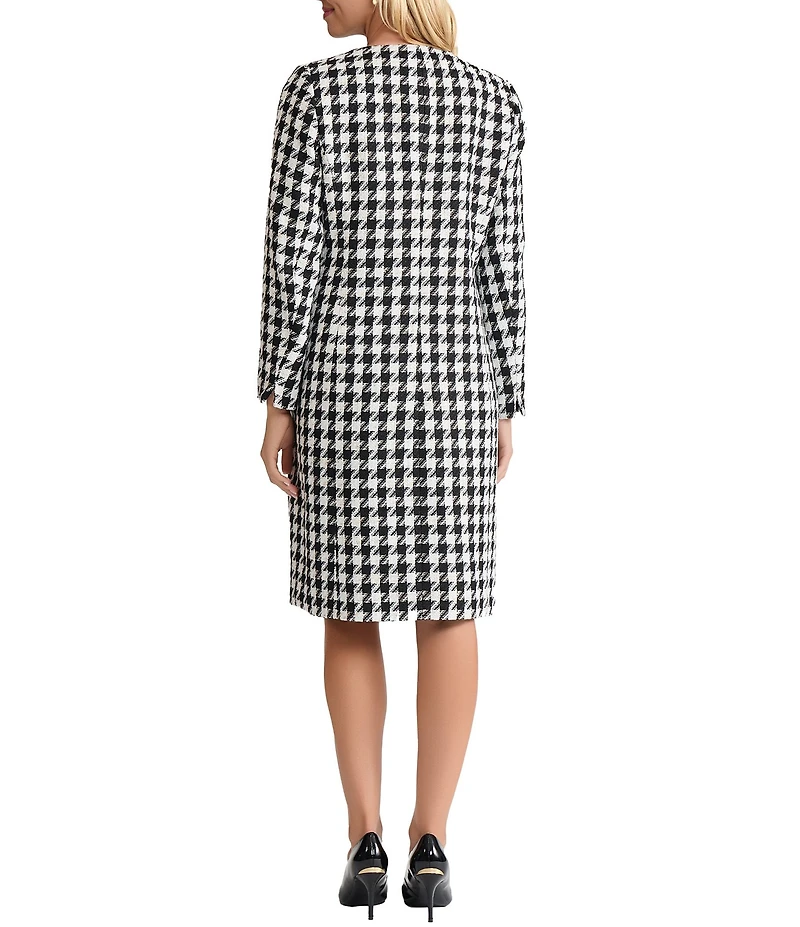 Kasper Long Houndstooth Print Pocketed Jacket