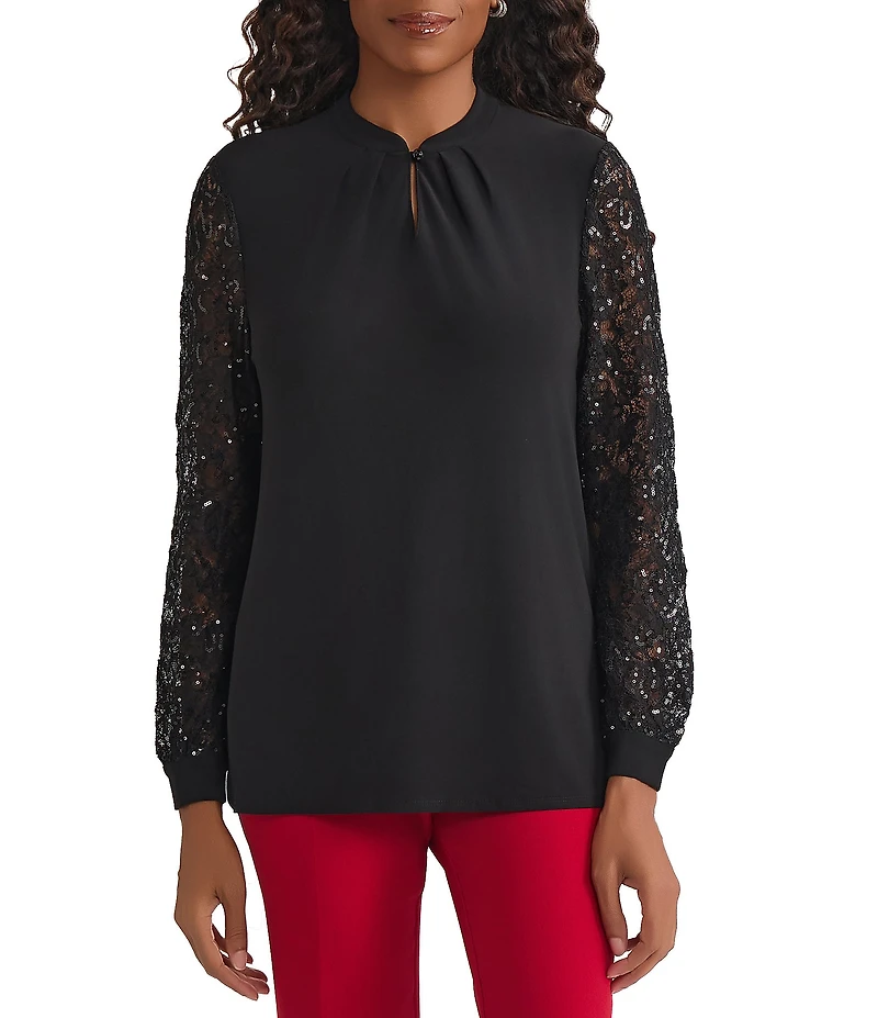 Kasper Long Sleeve Mix Media Button Neck Blouse