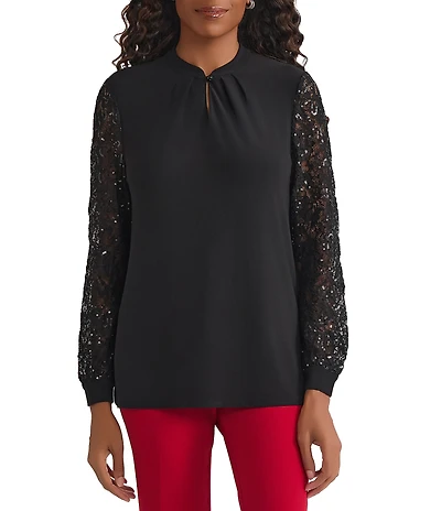 Kasper Long Sleeve Mix Media Button Neck Blouse