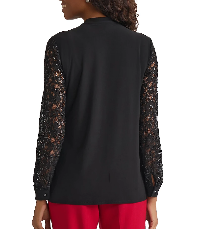 Kasper Long Sleeve Mix Media Button Neck Blouse