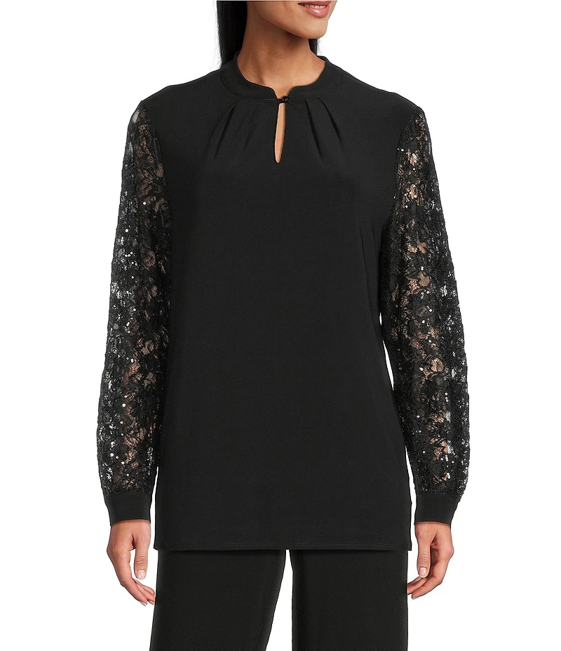 Kasper Long Sleeve Mix Media Button Neck Blouse