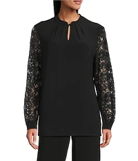 Kasper Long Sleeve Mix Media Button Neck Blouse