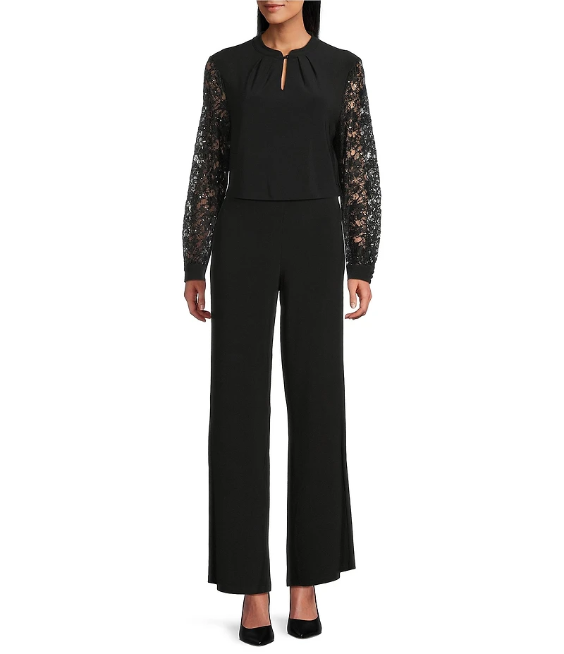 Kasper Long Sleeve Mix Media Button Neck Blouse