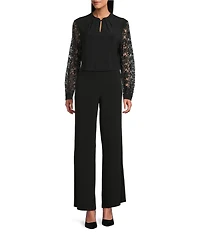 Kasper Long Sleeve Mix Media Button Neck Blouse