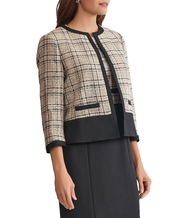 Kasper Long Sleeve Plaid Crepe Cardigan