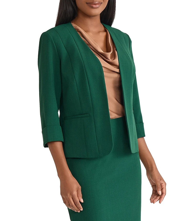 Kasper Open Front 3/4 Sleeve Seamed Crepe Blazer