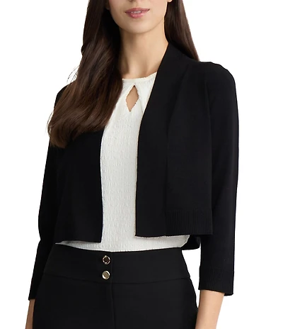 Kasper Open Front Knit 3/4 Sleeve Cropped Cardigan