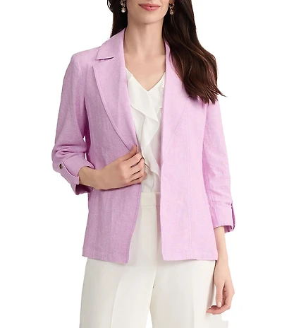 Kasper Open Notch Collar 3/4 Sleeve Cross Dye Linen Jacket