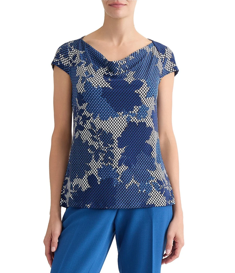 Kasper Petite Cap Sleeve Cowl Neck Printed Top
