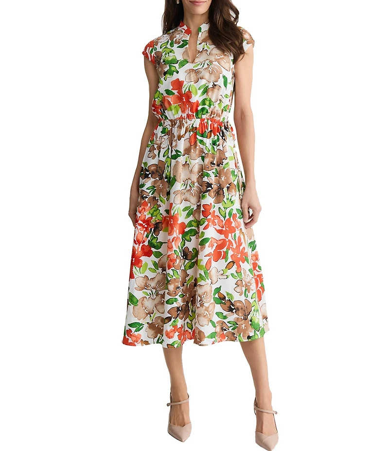 Kasper Petite Cap Sleeve Floral Printed Flutter Cap Sleeve Midi Dress