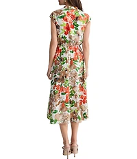 Kasper Petite Cap Sleeve Floral Printed Flutter Cap Sleeve Midi Dress