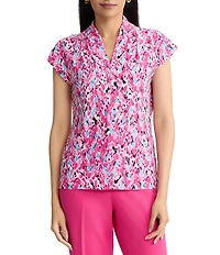 Kasper Petite Cap Sleeve Funnel Neck Printed Blouse