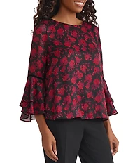 Kasper Petite Floral Print Ruffle Sleeve Blouse