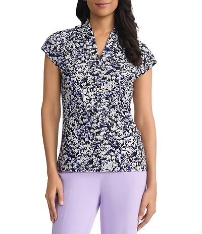 Kasper Petite Funnel Neck Printed Jersey Knit Blouse