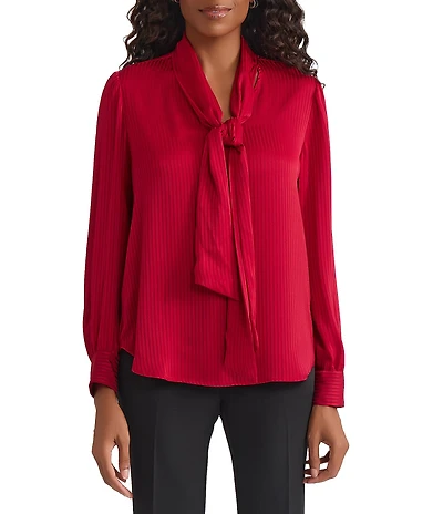 Kasper Petite Size Long Sleeve Satin Tie Neck Blouse