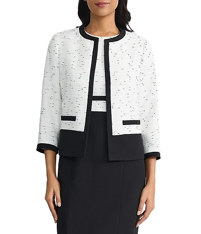 Kasper Petite Open Front Color Blocked 3/4 Sleeve Tweed Blazer