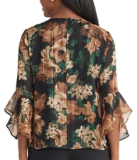 Kasper Petite Ruffle Sleeve Floral Print Blouse