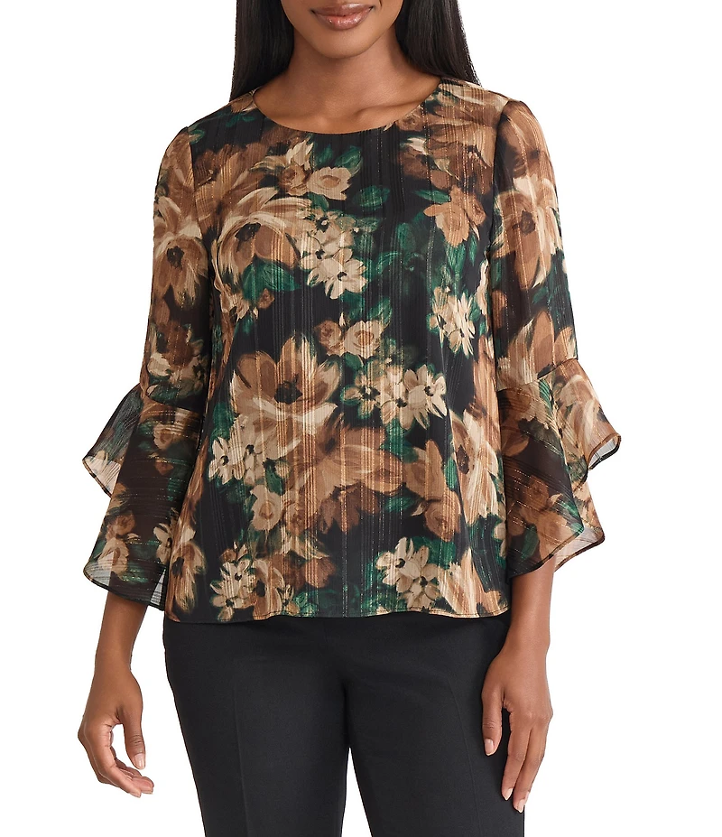 Kasper Petite Ruffle Sleeve Floral Print Blouse