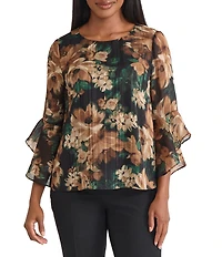Kasper Petite Ruffle Sleeve Floral Print Blouse