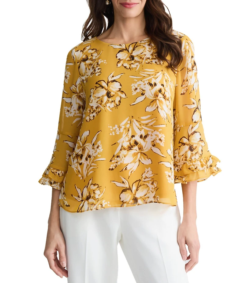 Kasper Petite Ruffle Sleeve Printed Blouse