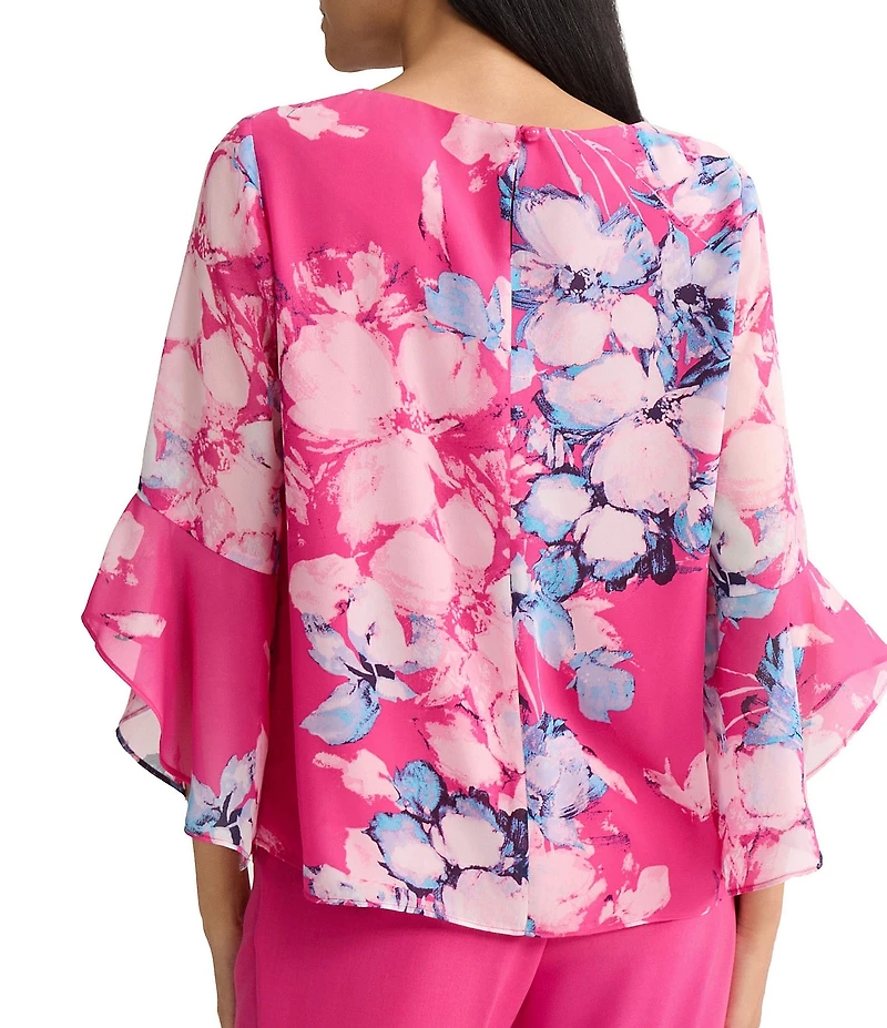 Kasper Petite Ruffle Sleeve Printed Chiffon Blouse