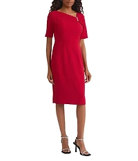Kasper Petite Short Sleeve Asymmetrical Neck Knee Length Dress