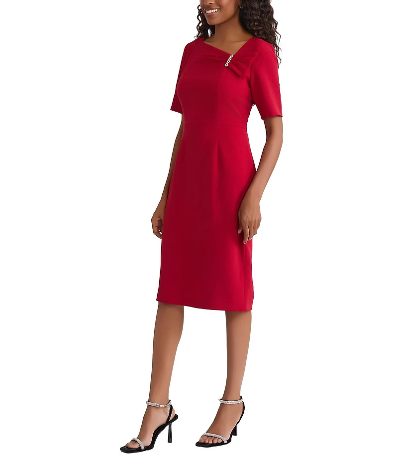 Kasper Petite Short Sleeve Asymmetrical Neck Knee Length Dress