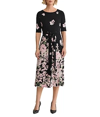 Kasper Petite Short Sleeve Floral Printed Jersey Knit Midi Dress
